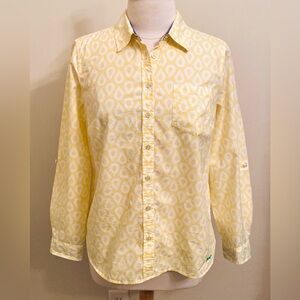 Talbots Petites Yellow White Drop Print Collared Long Sleeve 100% Cotton Top 12P